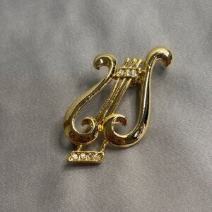 Vintage Gold Lyre Brooch with Rhinestone Accents